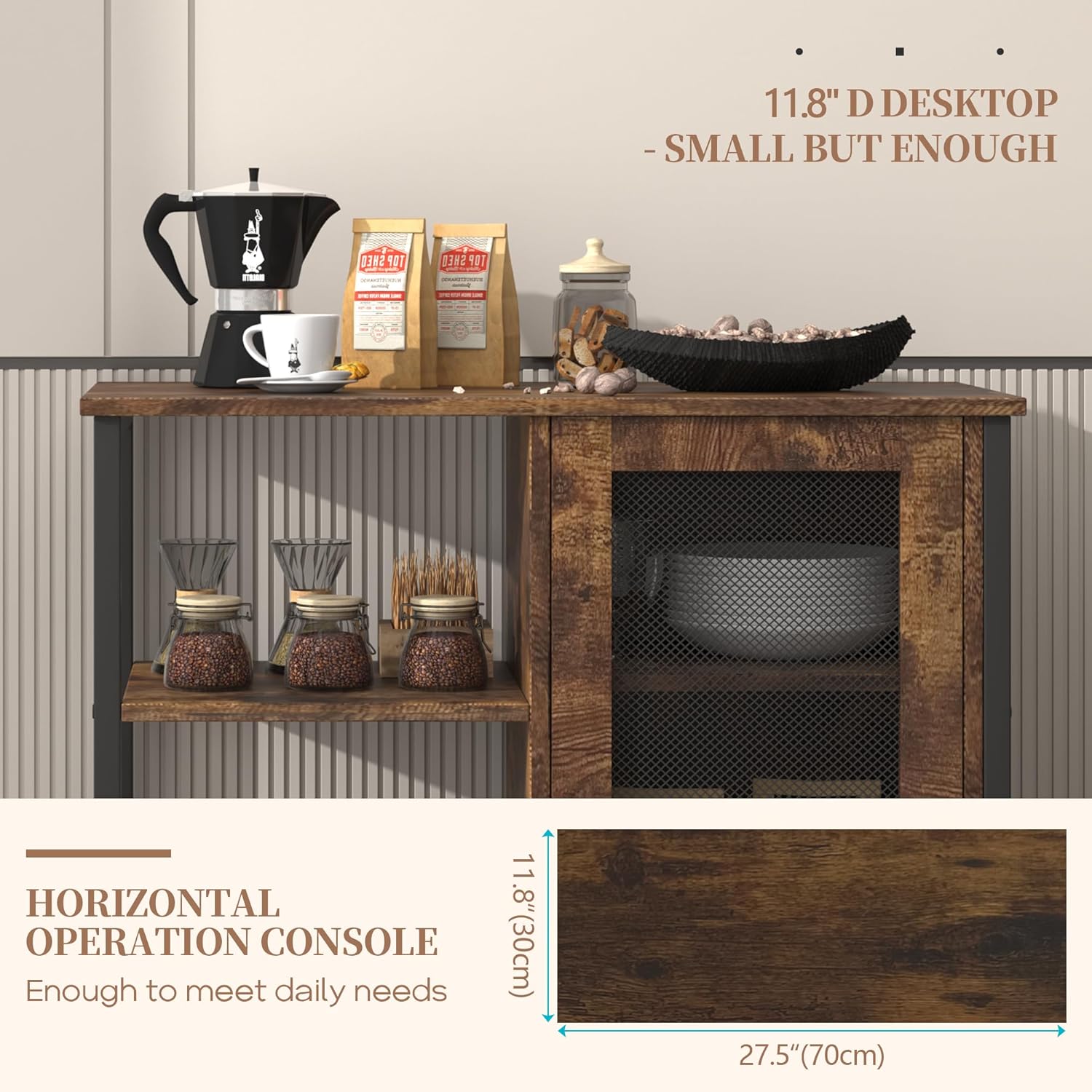 LVSOMT Mini Coffee Bar Cabinet for Home Kitchen, 27.5'' Coffee Stand Station with Adjustable Shelves & Door, Farmhouse Sideboard Buffet for Small Space, Dining Room, Living Room, Industrial Brown