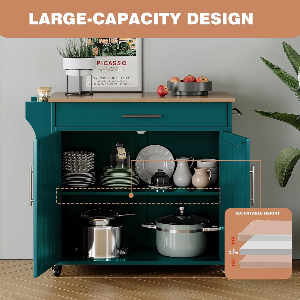Kitchen Island with Storage, Wooden Countertop Rolling Kitchen Island On Wheels Storage Cabinet, Mobile Kitchen Island Cart with Towel Rack, Spice Rack and Drawers,Green