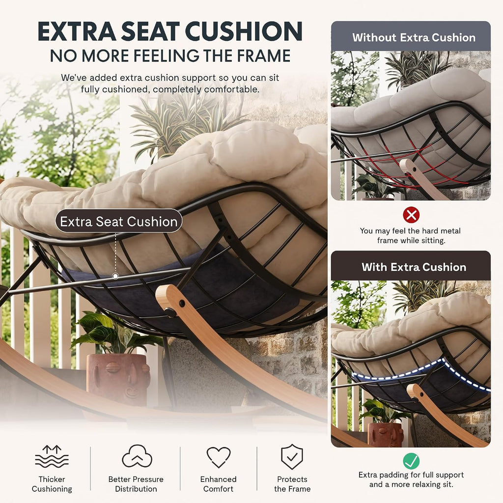 FLEXISPOT Oversized Outdoor Rocking Chair with Thick Cushioned Seat & Bonus Pillow Modern Patio Papasan Rocker Lounge Chair with Metal Frame Wood Base Accent Chair for Porch Balcony Living Room Beige