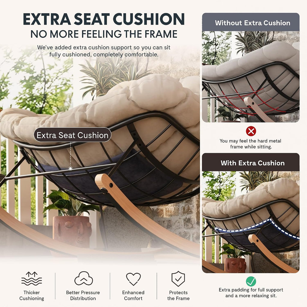 FLEXISPOT Oversized Outdoor Rocking Chair, Beige | Thick Cushioned Seat, Bonus Pillow, Modern Patio Papasan Rocker, Metal Frame Wood Base, For Porch Balcony Living Room