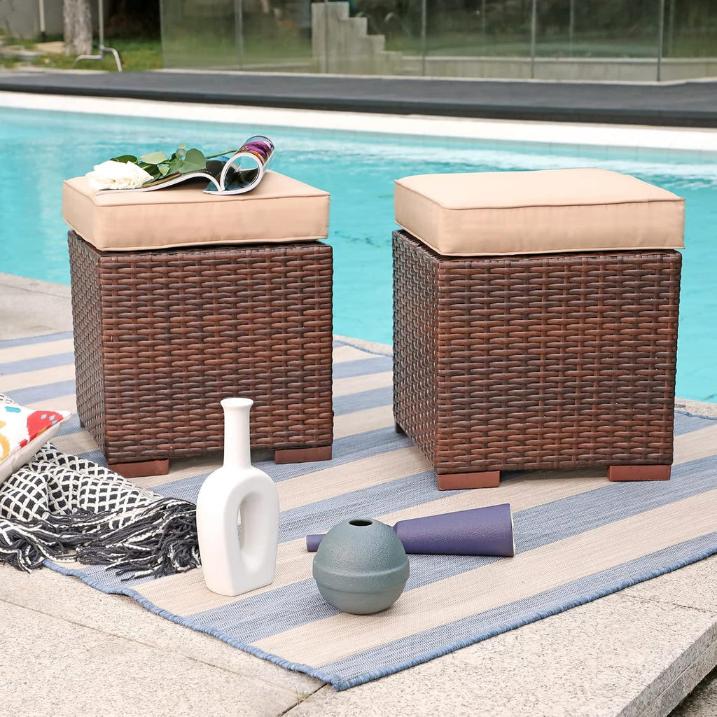 Patiorama 2 Pieces Assembled Outdoor Patio Ottoman, Indoor Outdoor All-Weather Dark Brown Wicker Rattan Outdoor Footstool Footrest Seat with Beige Cushions, No Assembly Required