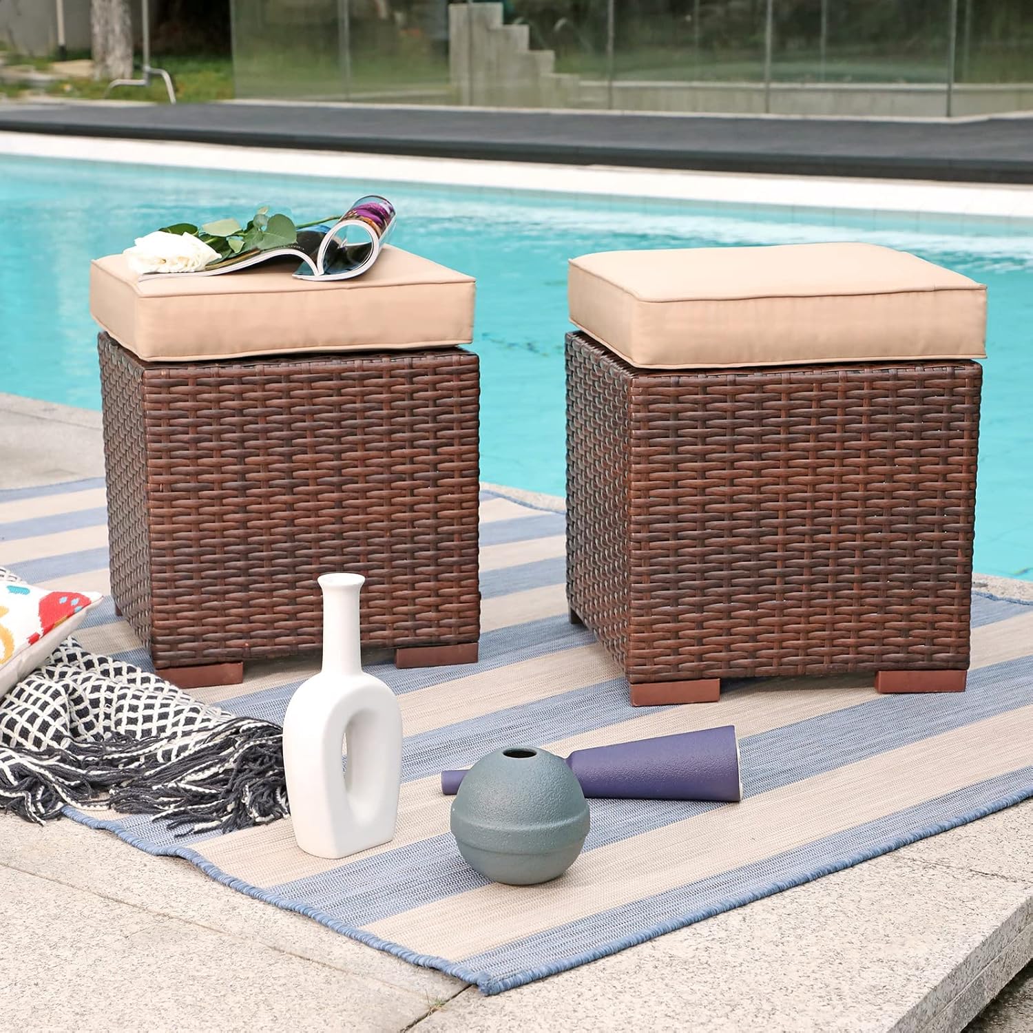 Patiorama 2 Pieces Assembled Outdoor Patio Ottoman, Indoor Outdoor All-Weather Dark Brown Wicker Rattan Outdoor Footstool Footrest Seat with Beige Cushions, No Assembly Required