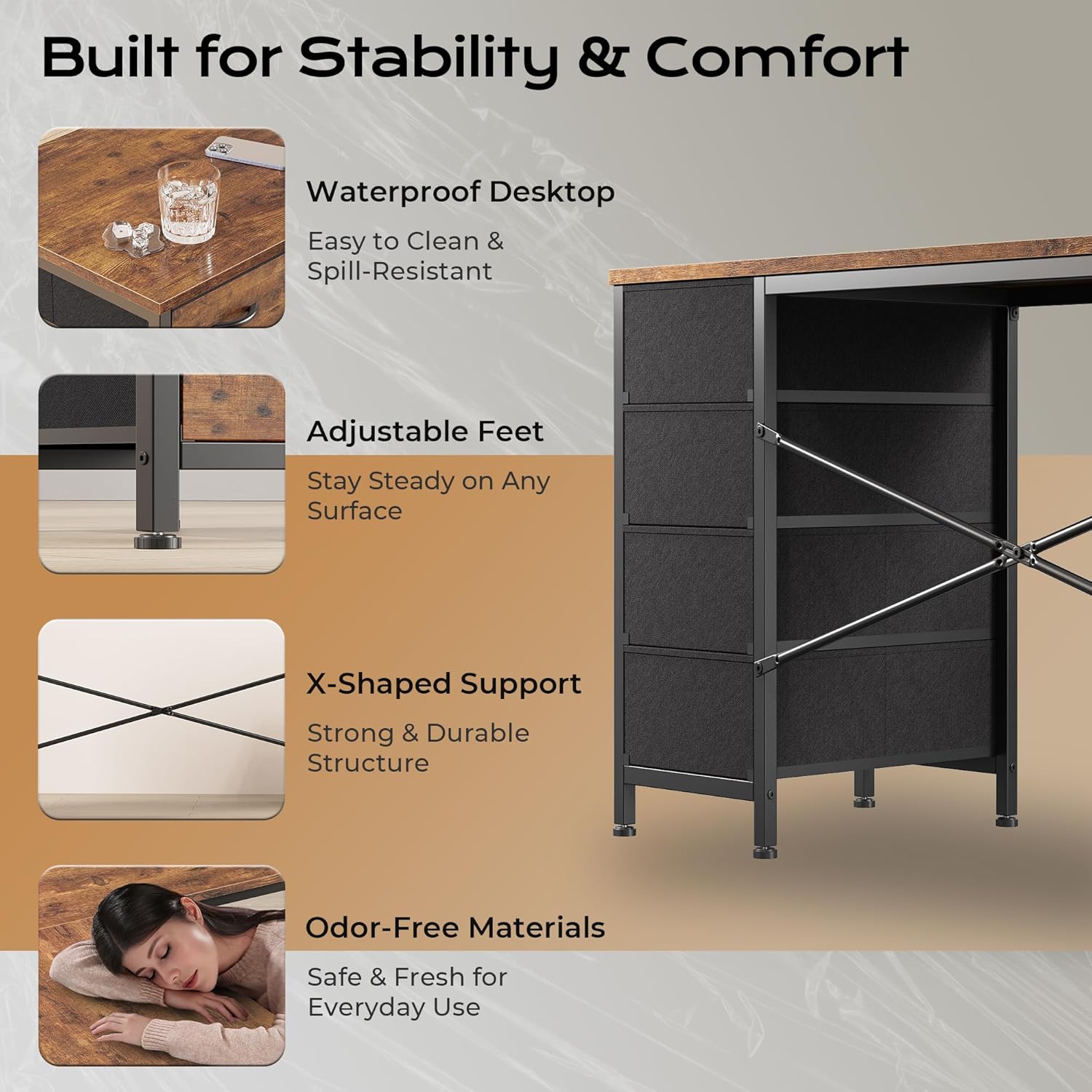 Huuger 55 Inch L Shaped Desk with Fabric Drawers, Reversible Computer Gaming Desk with Power Outlets and USB-C Port, Adjustable Side Storage Shelves, for Work Corner Home Office, Rustic Brown