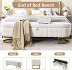 65" Curved Storage Ottoman Bench for Bedroom, Upholstered End of Bed Bench for King Size Bed, Oval Storage Bench with Gold Metal Legs, Bedroom Bench for Living Room Entryway, Beige Boucle
