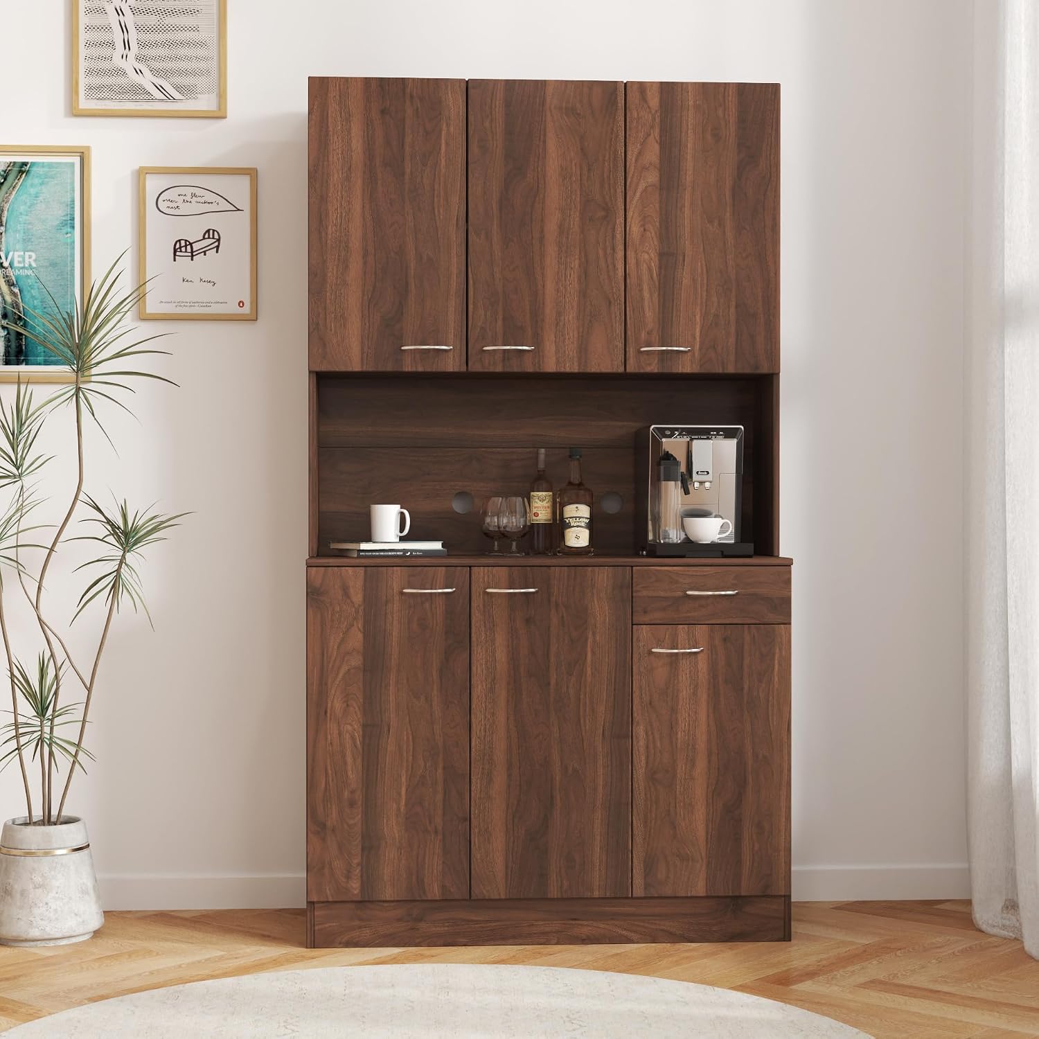 70.87 Inch Tall Kitchen Pantry Storage Cabinet with 6 Doors, 1 Drawer & Open Shelf – Versatile Hutch Cabinet for Ample Organization, Ideal as Pantry, Sideboard or Coffee Bar Cabinet, Dark walnut