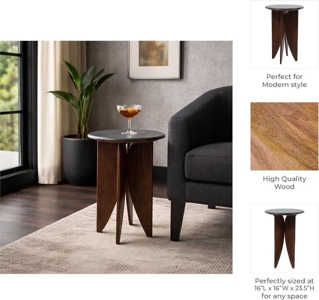 Mango Wood Base and Stone Top for Small Spaces - Round End and Side Table for Living Room, Room and Bedroom Decor - Decorative Night Stand or Bedside Drink Table Accent - 24", Black & Brown