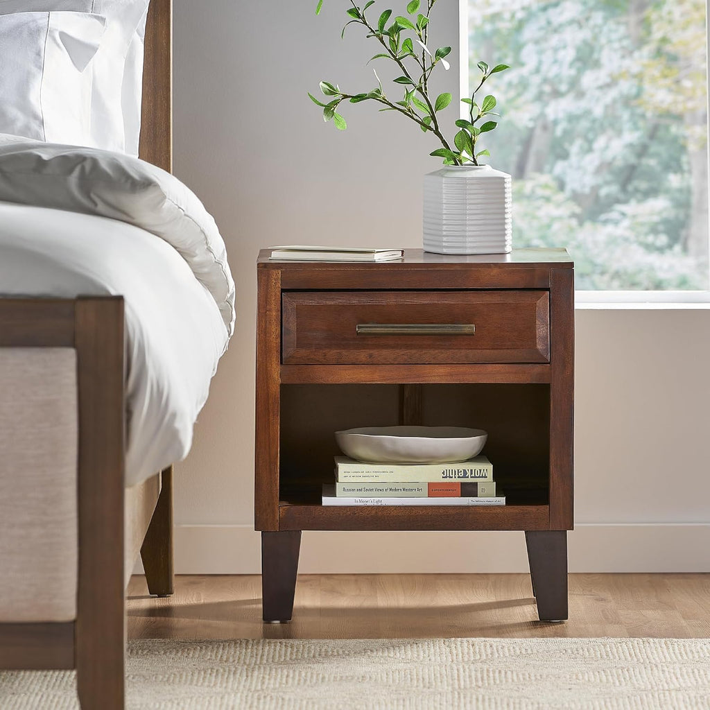 roomfitters Industrial Brown Acacia Wood End Table, Luxury 1-Drawer Storage Nightstand with Metal Frame, Contemporary Bedroom Bedside Unit