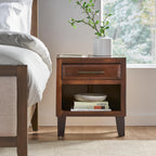 roomfitters Industrial Brown Acacia Wood End Table, Luxury 1-Drawer Storage Nightstand with Metal Frame, Contemporary Bedroom Bedside Unit