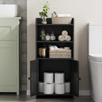 Homhedy Small Bathroom Storage Cabinet, Freestanding Toilet Paper Storage with 2 Doors and Shelves, Bathroom Organizers and Storage for Small Spaces, Laundry Room, 7.9" D x 14.6" W x 31" H, Black
