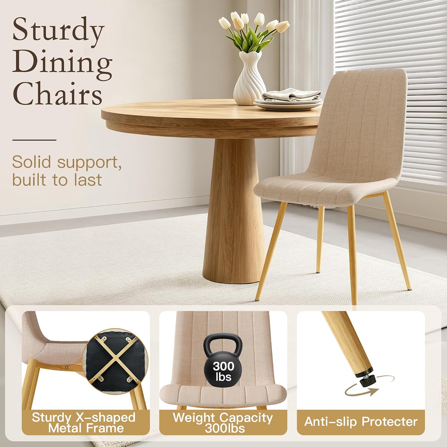 High Back Upholstered Dining Chairs Set of 4, Beige | Breathable Linen Fabric, Sturdy Metal Frame, Modern Dining Chairs for Kitchen Dining Room & Cafe, 300lbs Capacity, Save-space