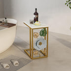 Antique C-Shape End Table with Faux Marble Top and Metal Flower Design, Narrow Gold Couch Side Table for Drink and Snack, Bedside Table, Laptop Table for Living Room, Bedroom