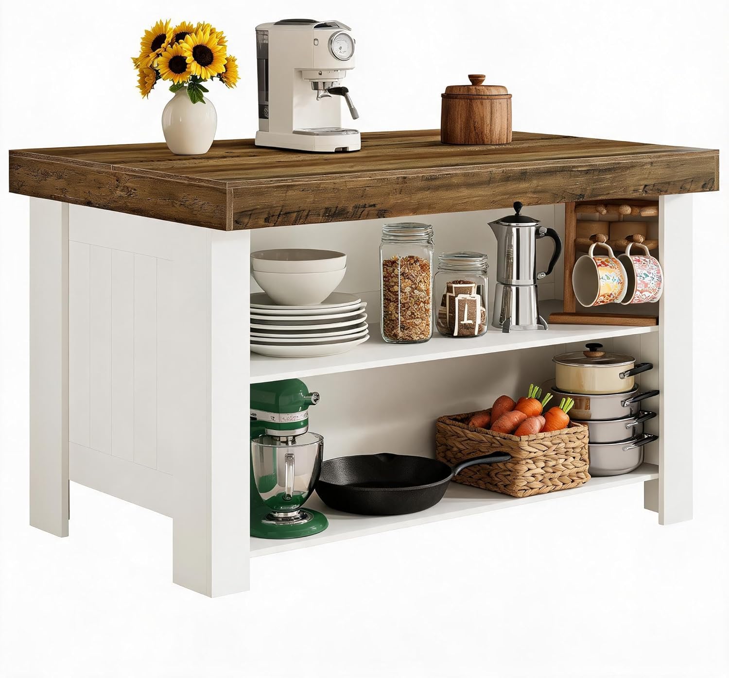 Tribesigns 55" Kitchen Island with Storage Shelves, 2-Tier Farmhouse Wood Counter Height Table with Seating, Large Stationary Island for Kitchen, Dining Room, Small Space (White)