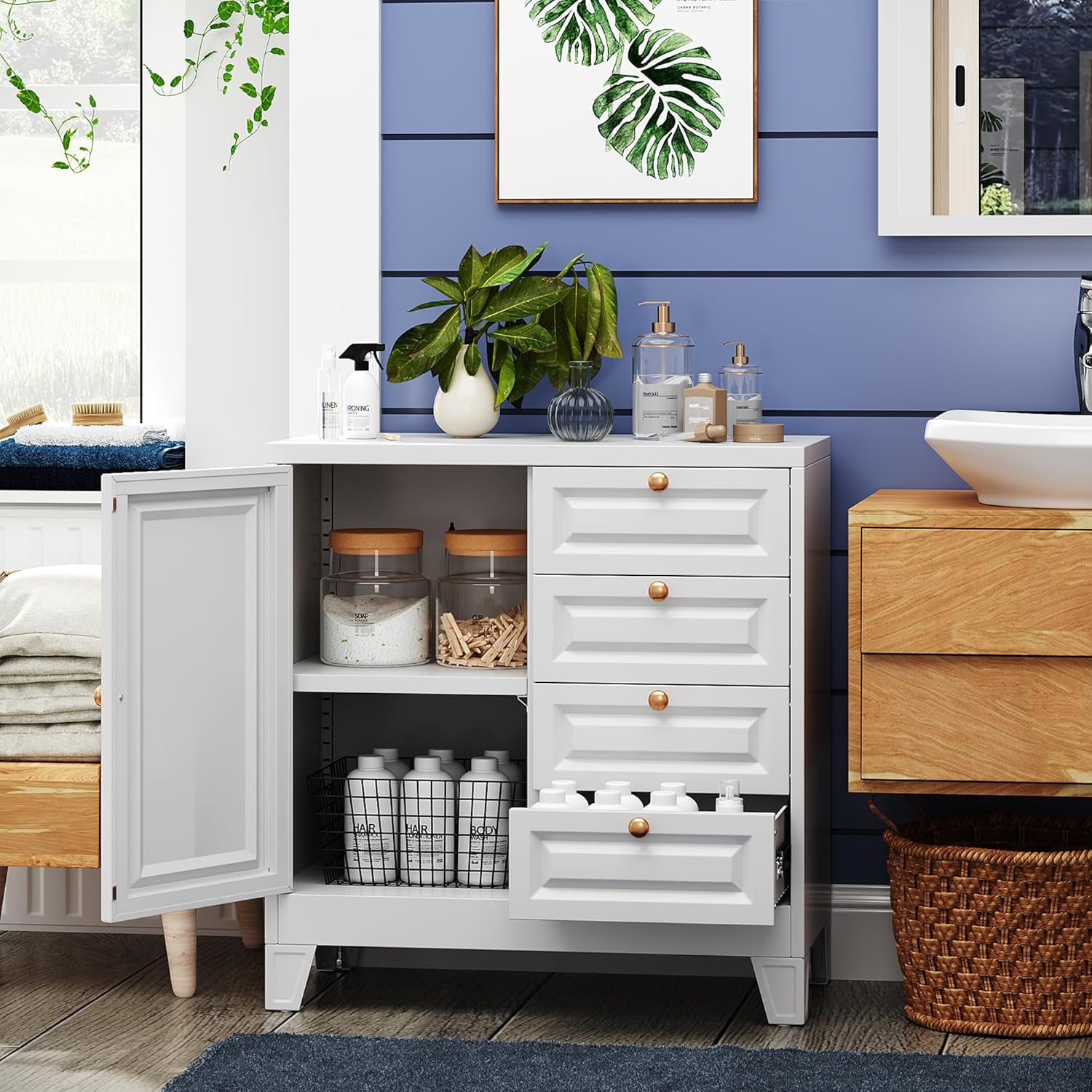 Bathroom Storage Cabinet with 4 Drawers,Metal Bathroom Floor Cabinet with Door and Shelves,Toilet Paper Storage Cabinet for Bathroom, 33" H x 31.5" W x 15.75" D,White