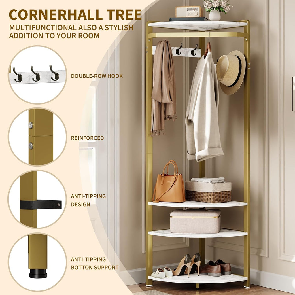 IDEALHOUSE Corner Coat Rack with Shoe Bench Entryway and 6 Double Hooks, Corner Hall Tree - Corner Clothes Rack with Storage Corner Tree with Organizer Shoe Bench Shelf for Entryway, Hallway, Closet