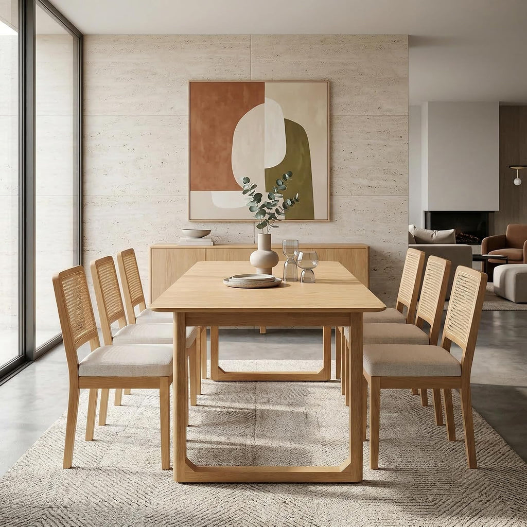 HNY Modern Farmhouse Rattan Dining Chairs Set of 4 Beige Chenille Upholstered Dining Room Chair with Cane Back Mid Century Natural Wood Kitchen Chairs, Boho Accent Wicker Woven Chairs for Living Room