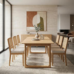 HNY Modern Farmhouse Rattan Dining Chairs Set of 4 Beige Chenille Upholstered Dining Room Chair with Cane Back Mid Century Natural Wood Kitchen Chairs, Boho Accent Wicker Woven Chairs for Living Room