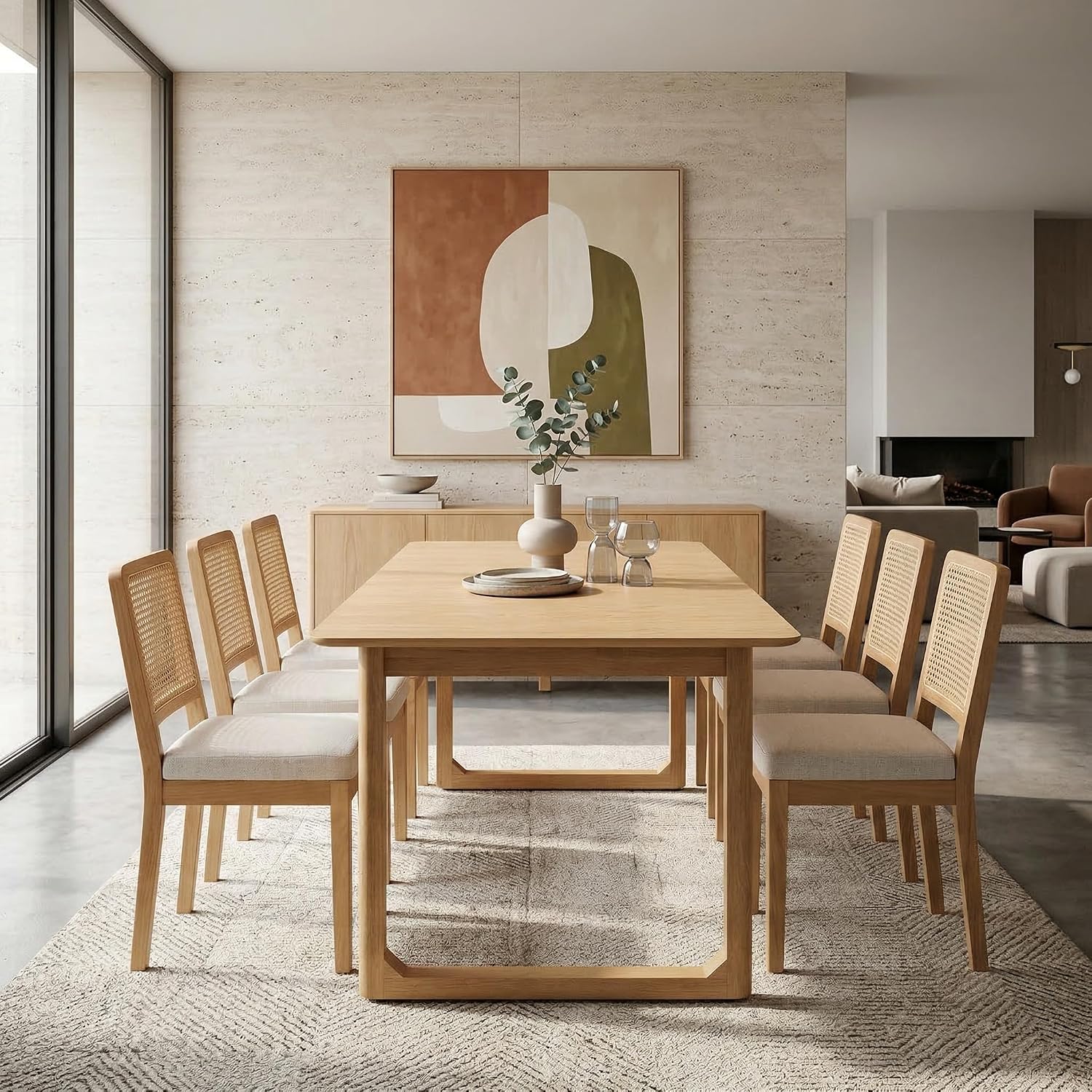 HNY Modern Farmhouse Rattan Dining Chairs Set of 4 Beige Chenille Upholstered Dining Room Chair with Cane Back Mid Century Natural Wood Kitchen Chairs, Boho Accent Wicker Woven Chairs for Living Room