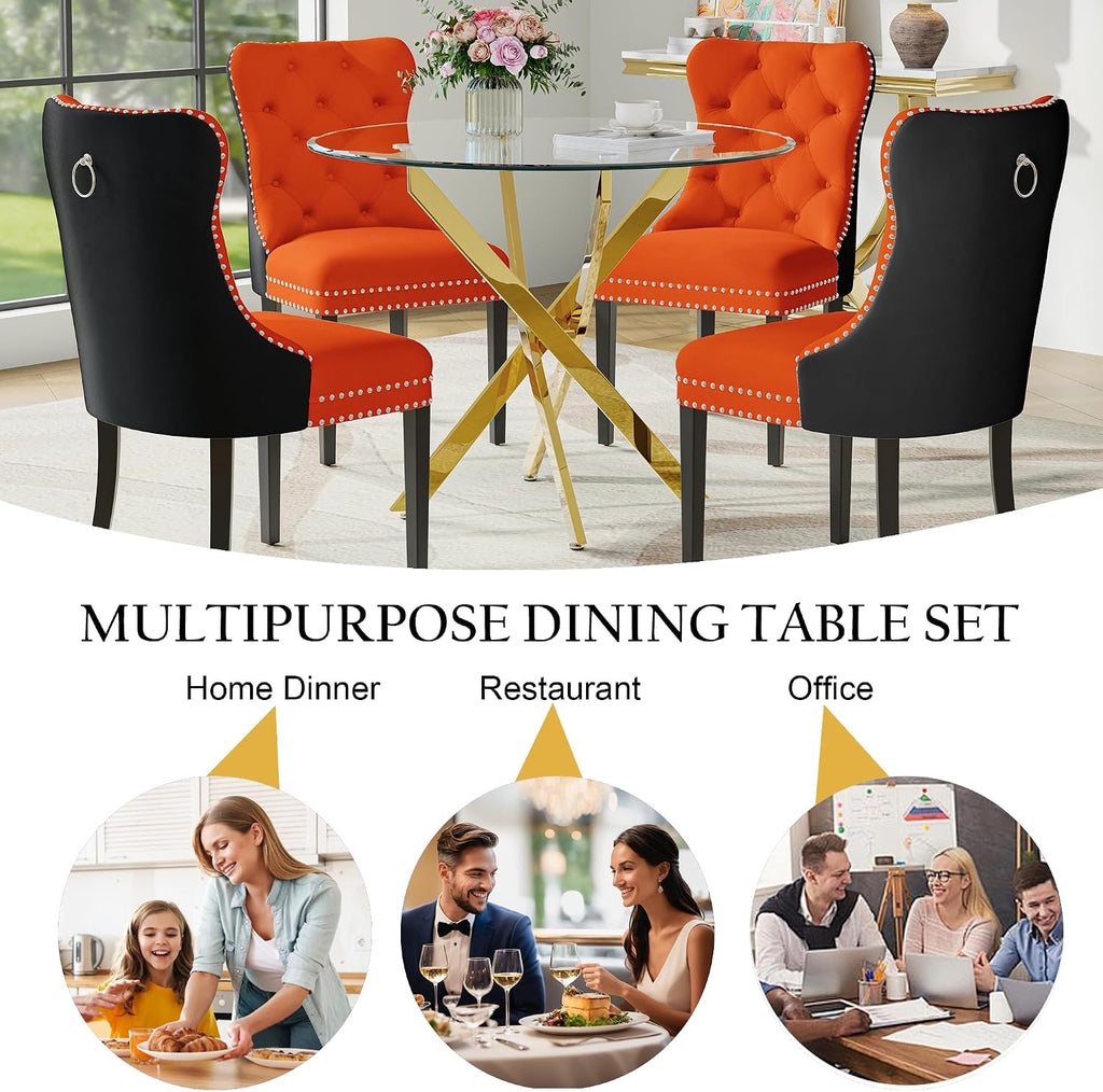 5-Piece Glass Dining Table Set for 4, Include 36" Round Tempered Glass Kitchen Table and 4 Orange Black High Back Chairs for Dining Room, Living Room (Gold Table Legs)
