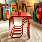 Red Curved Metal Side Table - Modern Square Accent End Table with Artistic Layered Frame, Minimalist Decorative Nightstand for Living Room, Bedroom, Entryway, Small Spaces, Easy to Clean