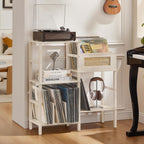 LELELINKY Record Player Stand, White Cream Oak Wood Record Holder with Vinyl Storage Holds up to 300+ Albums, 3-Tier Rattan Media Table with Vinyl Display Shelf, Record Storage Cabinet for Living Room