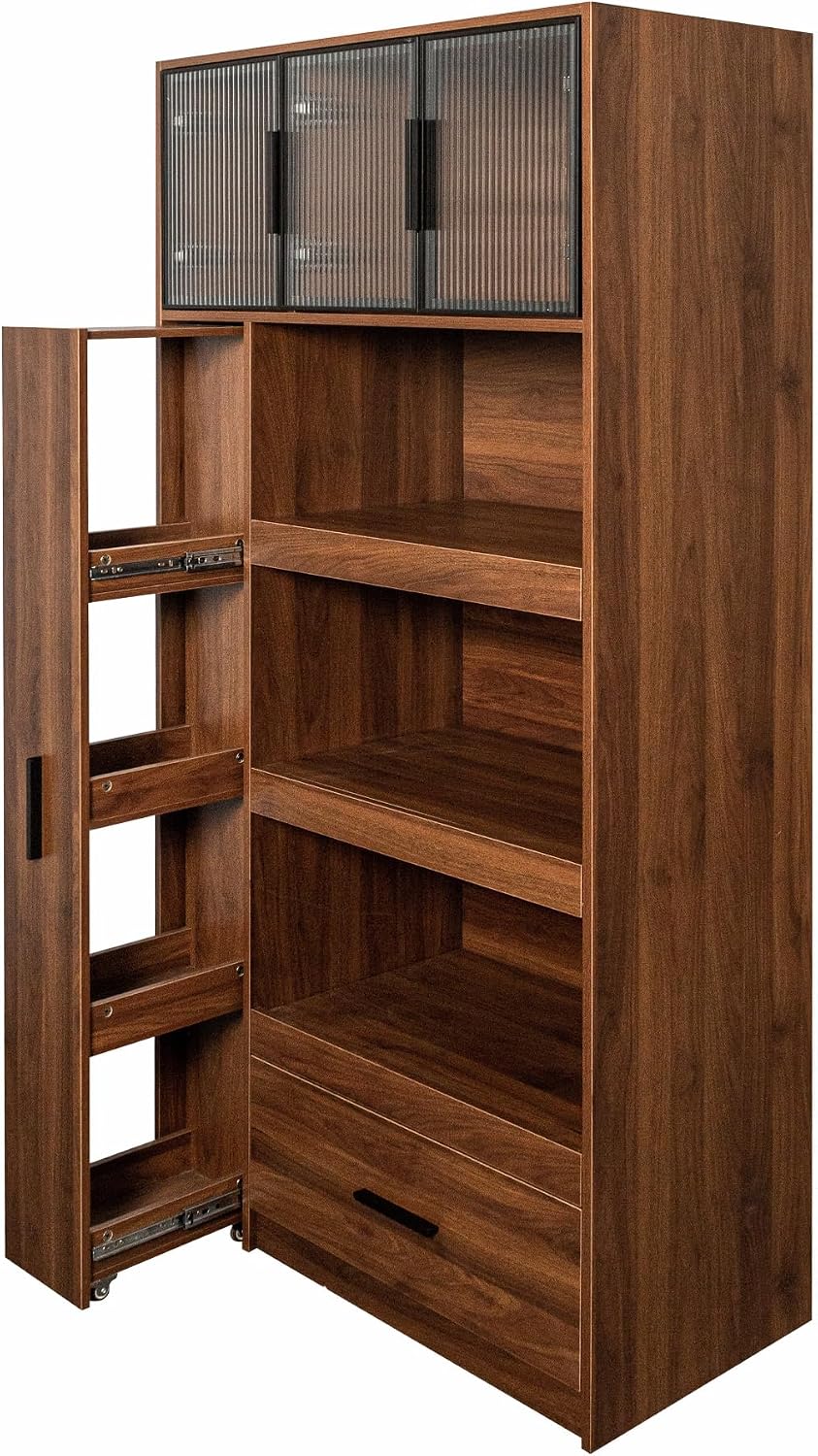 70.87" H Kitchen Pantry Cabinet with Microwave Stand – Multi-Functional Pull-Out Shelves, 1 Drawer, Aluminum-Frame Glass Door (Freestanding)