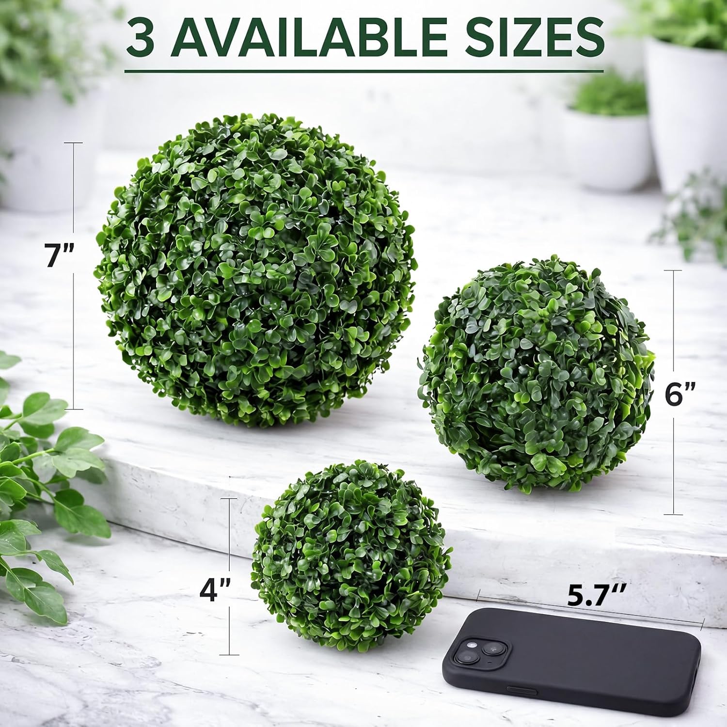 Thiccywoov 6 Pack Artificial Plant Topiary Ball Set, 3 Sizes 4''/7''/9'', Faux Greenery Boxwood Grass Balls Decorative Plants Decor for Backyard, Balcony, Garden, Indoor Outdoor Home Wedding Party