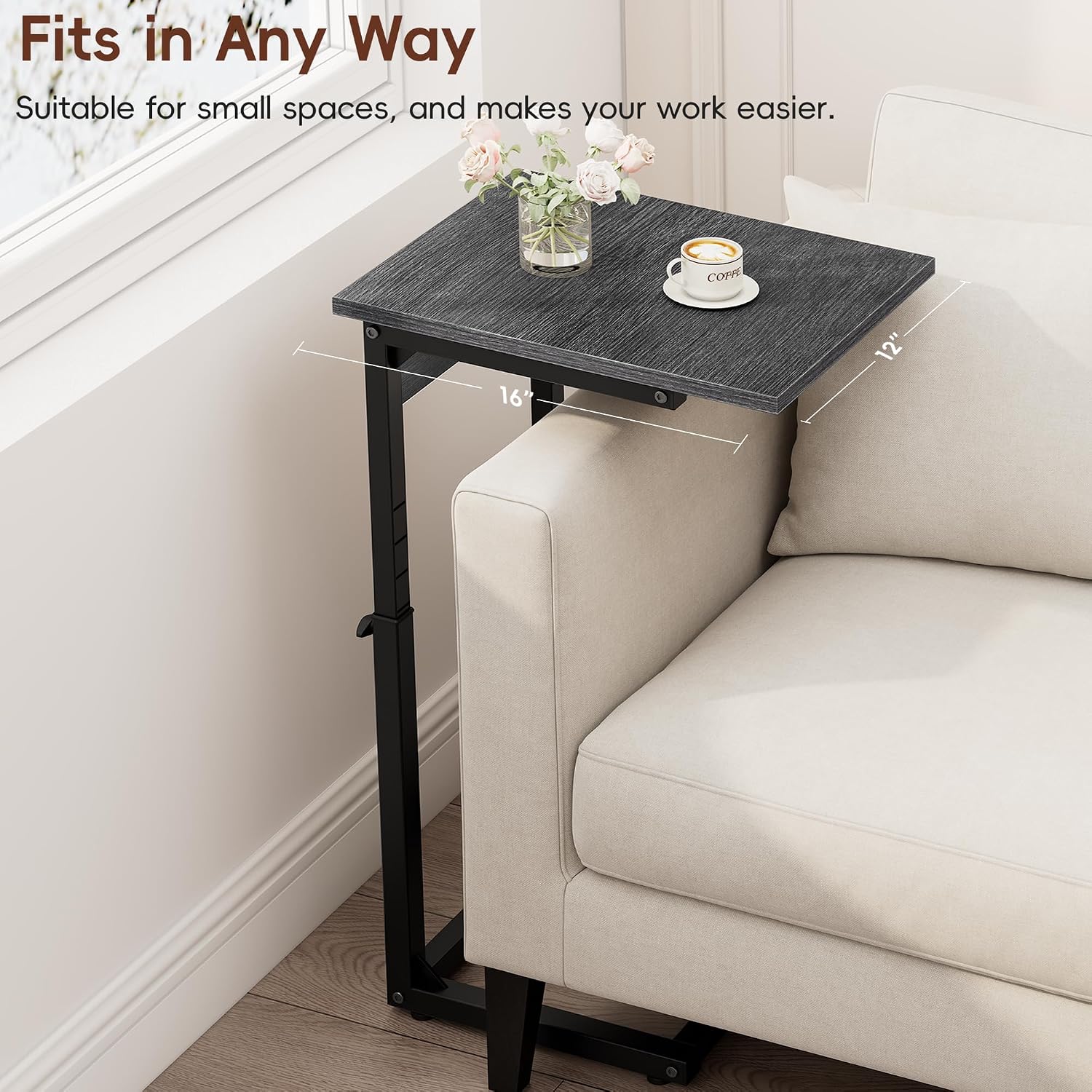 Vagusicc C Shaped End Table with Charging Station, 33" Tall Side Table for Couch, Adjustable Height C Table End Table, Couch Table Slide Under Sofa Table TV Tray Table for Living Room, Gray Walnut