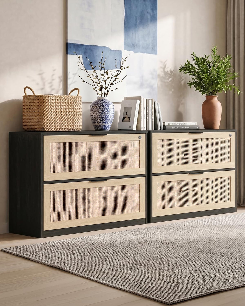YIGOBUY 27" Boho Rattan Nightstand, 2 Lockable Drawers with Reinforced Lever & Adjustable File Rod, Wooden Storage Bedside End Table for Bedroom Living Room,Black
