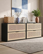 YIGOBUY 27" Boho Rattan Nightstand, 2 Lockable Drawers with Reinforced Lever & Adjustable File Rod, Wooden Storage Bedside End Table for Bedroom Living Room,Black