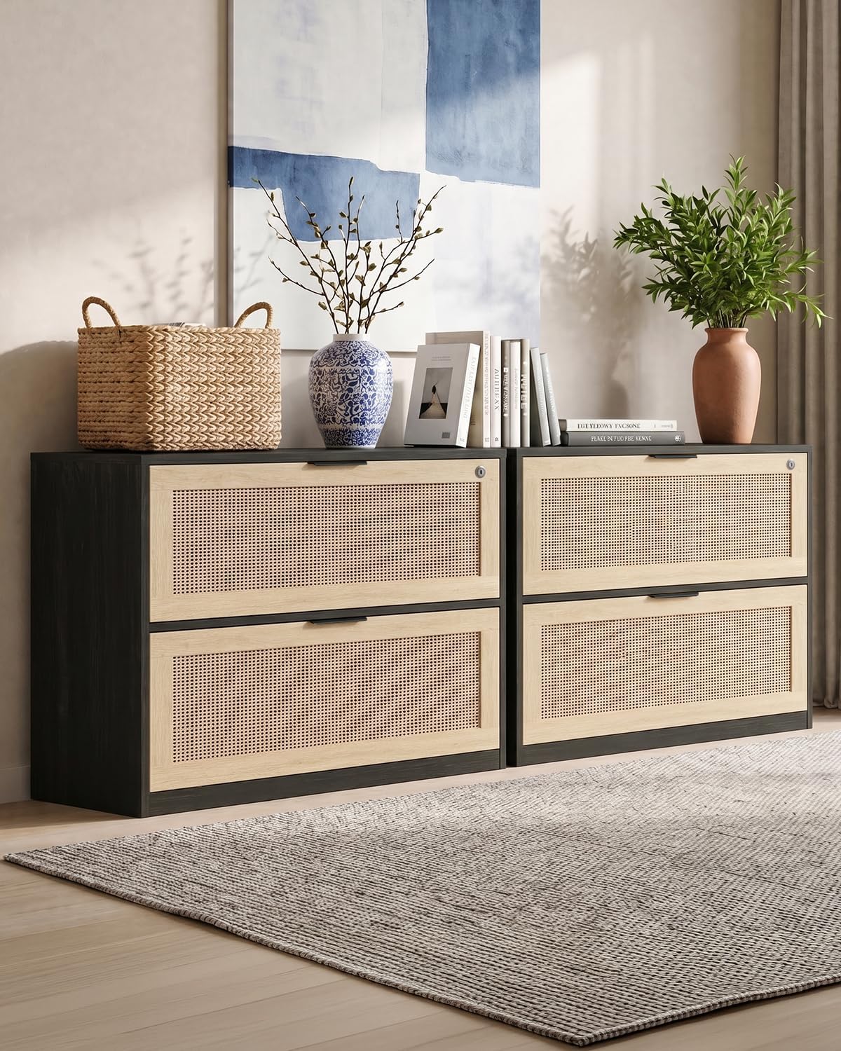 YIGOBUY 27" Boho Rattan Nightstand, 2 Lockable Drawers with Reinforced Lever & Adjustable File Rod, Wooden Storage Bedside End Table for Bedroom Living Room,Black
