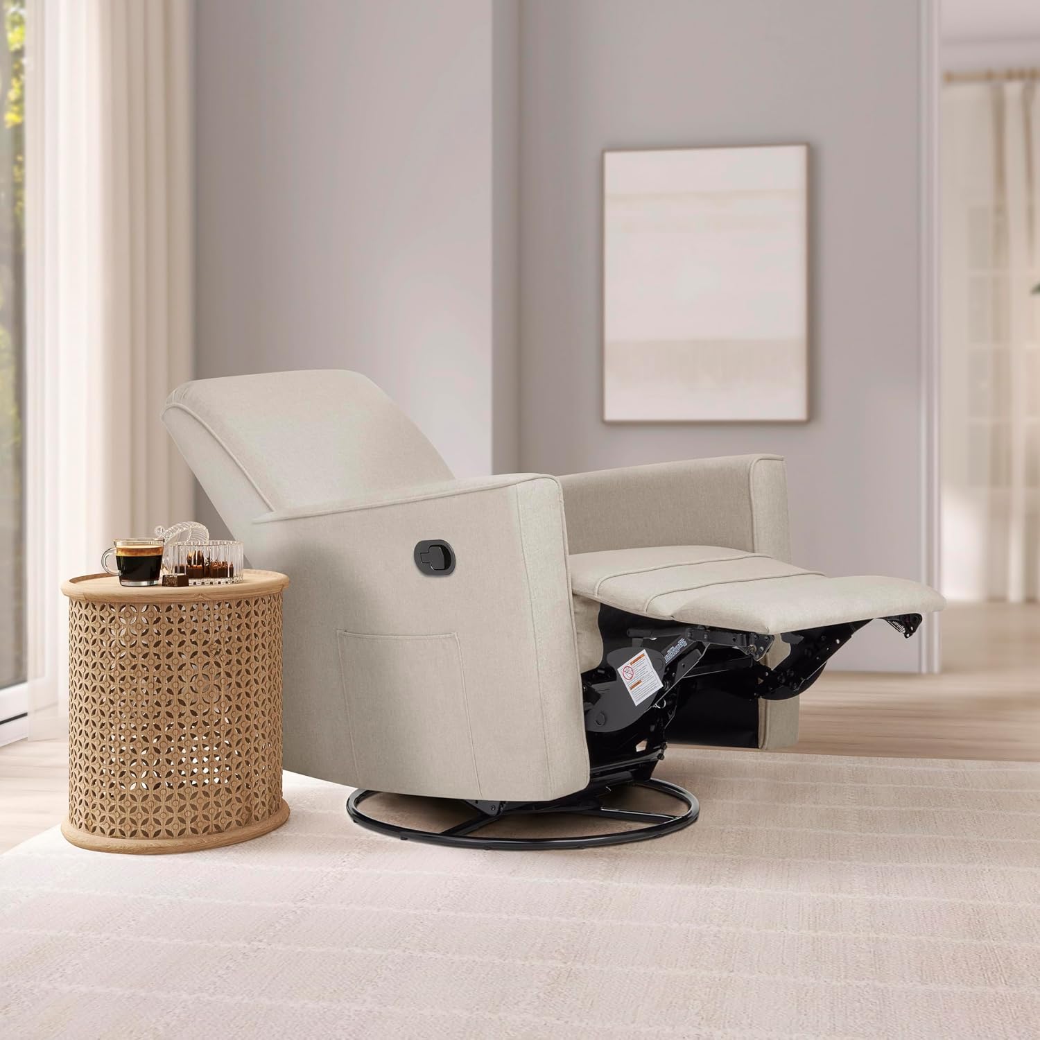 Evolur Raleigh Upholstered Manual Glider Recliner– Rocking & 360° Swivel with Smooth Glide – Greenguard Gold & FSC Certified – Modern Nursery and Living Room Chair in Light Sand