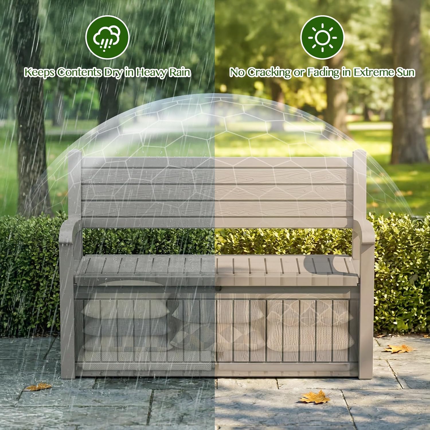 Vixzen 80 Gallon Outdoor Storage Bench, Lockable All-Weather Resin Seating with Hidden Storage Deck Box, Waterproof Patio Furniture for Pool Garden (Grey-Wood Grain)