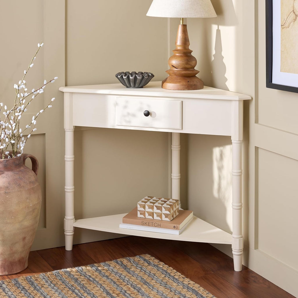 SAFAVIEH Furniture - Gomez 1-Drawer Corner Table - Ivory - Solid Wood - Classic Corner Storage Design - Ideal for Entryway, Living Room, Home Office, 33.1" W x 17.3" D x 28" H (AMH5709K)