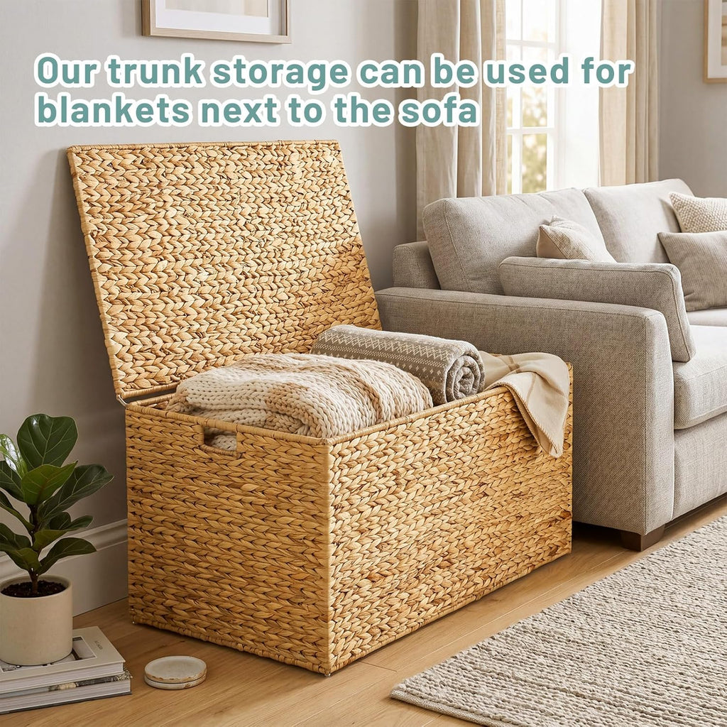 Wonderjune 42 x 20 x 18.5'' Water Hyacinth Wicker Storage Trunk with Metal Frame, Heavy Duty Storage Chest with Lid Large Rattan Basket for Blankets, Seasonal Clothes, Extra Bedding (Natural,Flat Lid)