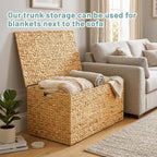 Wonderjune 42 x 20 x 18.5'' Water Hyacinth Wicker Storage Trunk with Metal Frame, Heavy Duty Storage Chest with Lid Large Rattan Basket for Blankets, Seasonal Clothes, Extra Bedding (Natural,Flat Lid)