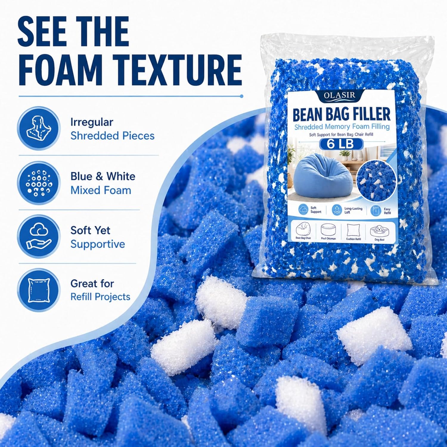 Bean Bag Filler, 6lbs Shredded Memory Foam Filling, Memory Foam Pillow Stuffing for Bean Bag Refill, Couch, Cushion, Stuffed Animals, Dog Bed, Arts Crafts,Blue and White