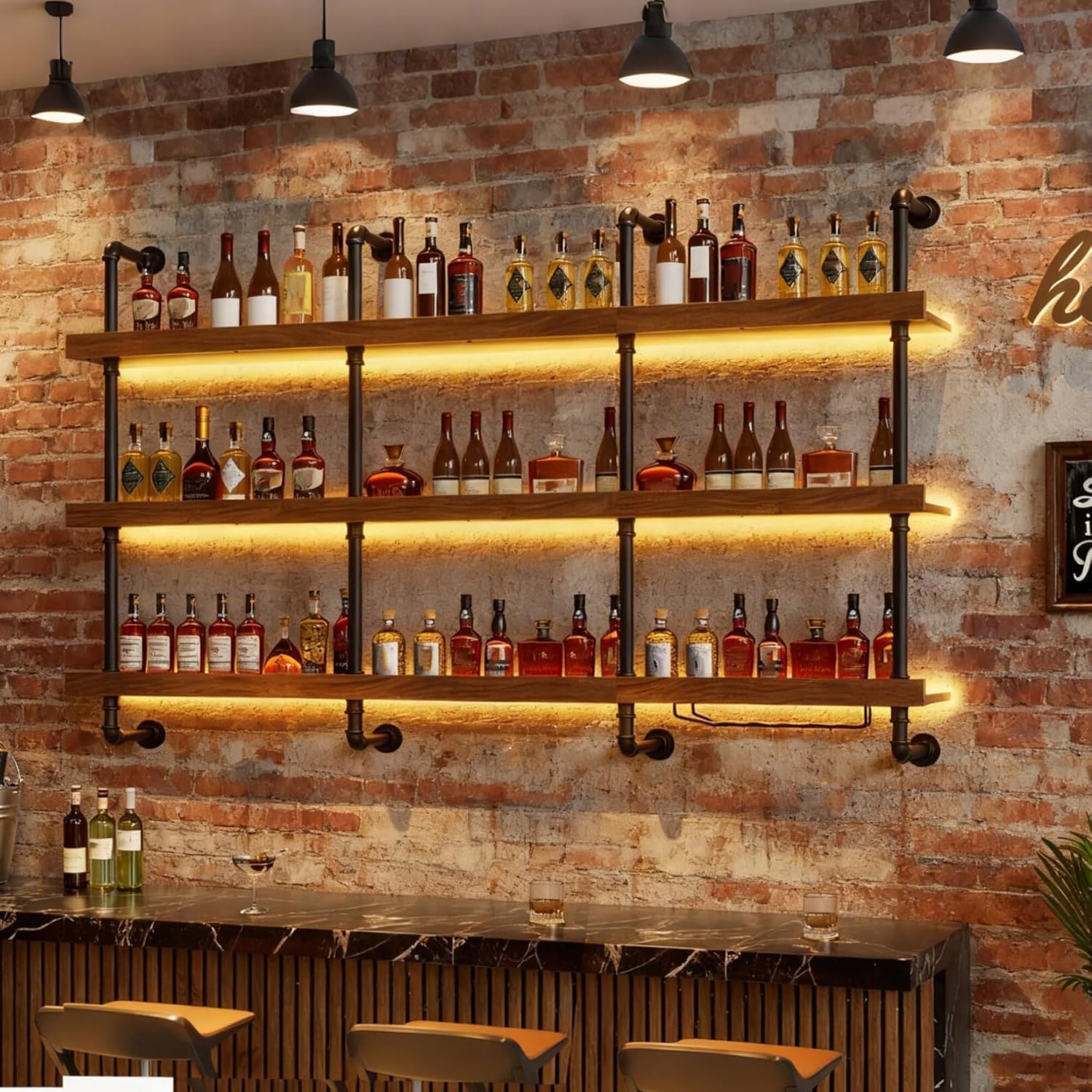 39.7in Solid Wood Wine Rack Wall Mounted with LED Light | 2 water pipes/Supports 440 lbs/Suitable for hotels and bars/Solid brick / cinder block walls/solid wood panel walls