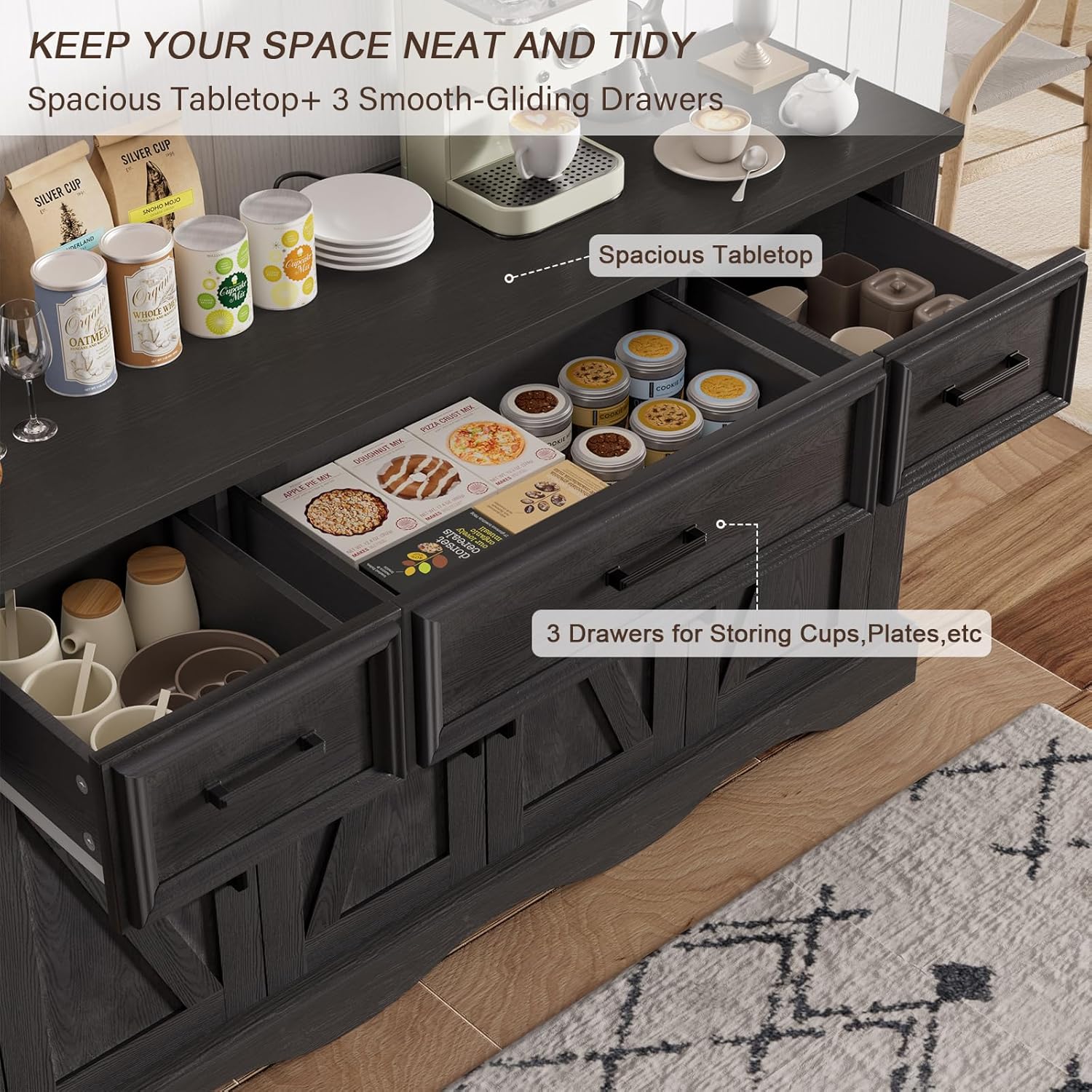 56" Buffet Cabinet Sideboard with Storage: Built-in Charging Station, Farmhouse Wood Coffee Wine Bar, Furniture with Drawers and Doors for Kitchen, Dining Room, Living Room, Black
