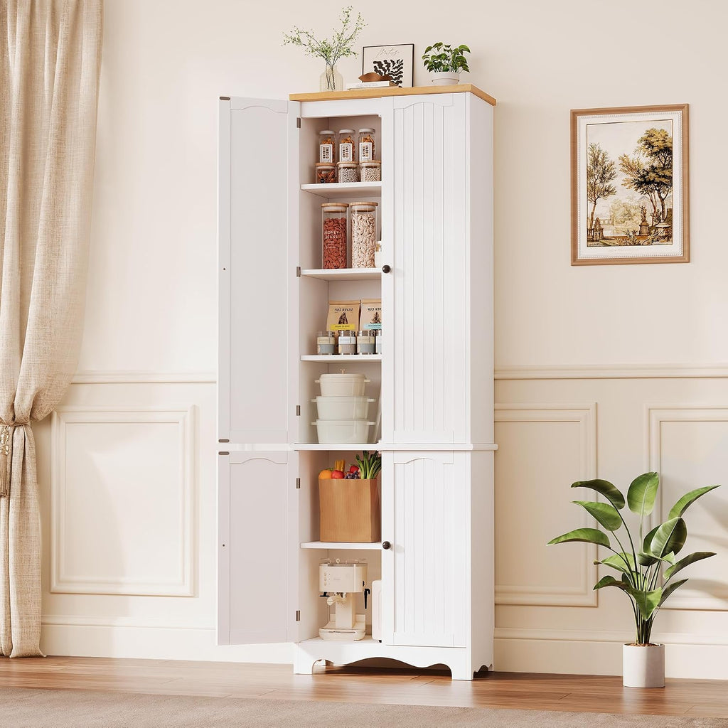72'' Tall Kitchen Pantry Cabinet, Kitchen Storage Cabinets with 4 Doors and 5 Shelves, Wooden Food Pantry Farmhouse Cupboard Buffet for Dining Living Room, White