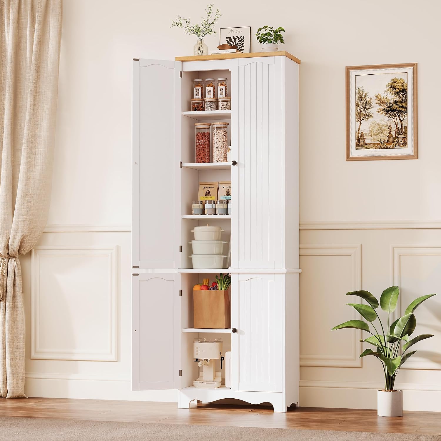 72'' Tall Kitchen Pantry Cabinet, Kitchen Storage Cabinets with 4 Doors and 5 Shelves, Wooden Food Pantry Farmhouse Cupboard Buffet for Dining Living Room, White