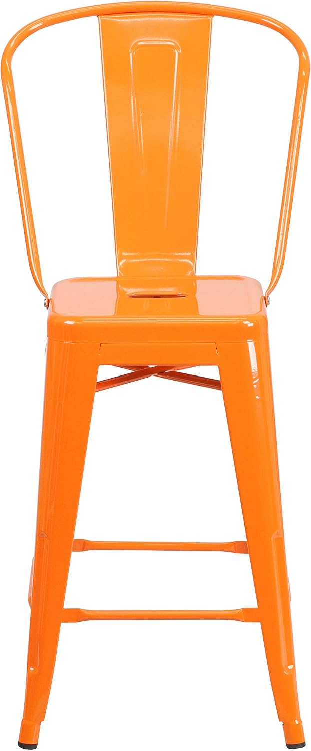 EMMA + OLIVER Commercial Grade 24" H Orange Metal Indoor-Outdoor Counter Height Stool w/Back