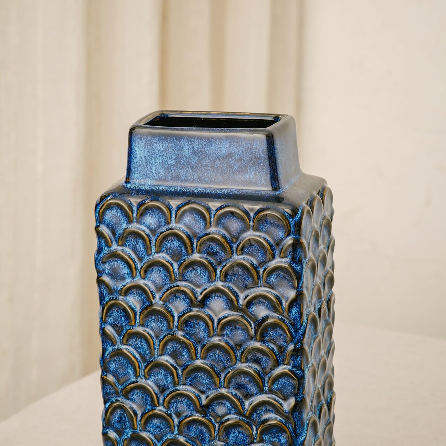 Ceramic Flower Vase, 12.6” Tall Vintage Blue Pottery Vase for Home Decor, Rustic Textured Vase for Pampas Grass, Living Room, Entryway, Mantel, Kitchen Table