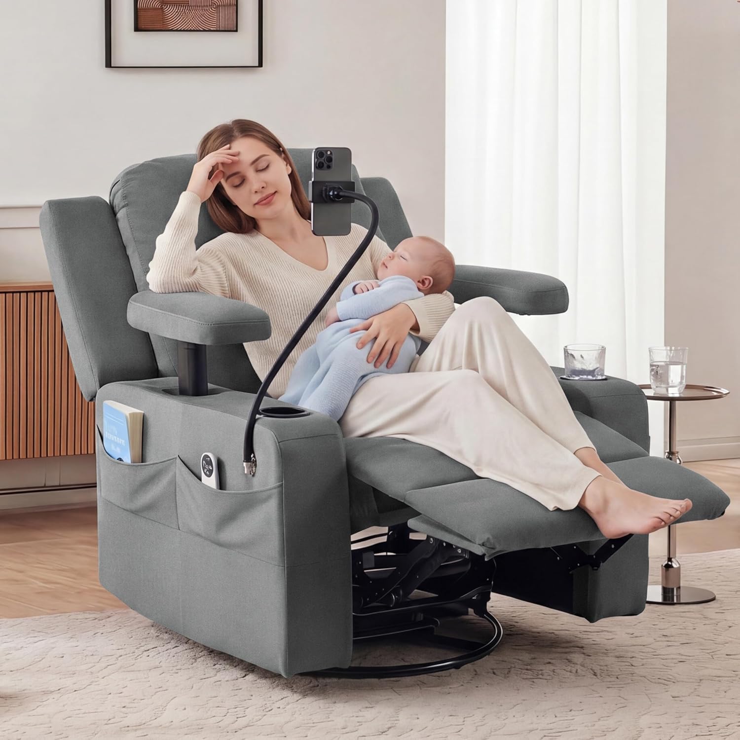 Furnimart Power Rocking Chair Nursery with Adjustable Armrests, Triple Motor Glider Recliner Swivel Nursing Chair for Breastfeeding with Phone Holder, Side Storage, Soft Waterproof Fabric, Dark Grey