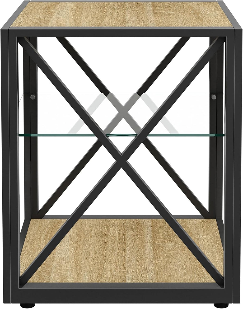 Modern End Table with Tempered Glass Shelf and Natural Wood MDF, Industrial Metal Frame Side Table for Living Room Bedroom Office, Functional Compact Three-Tier Accent Furniture Piece Design