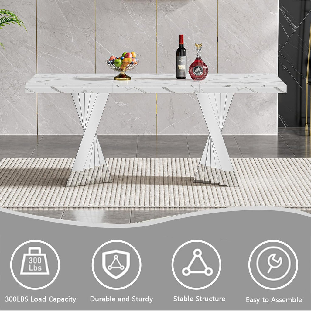 70" Faux Marble White Silver Dining Table for 6, Modern Dining Room Table with 0.71" Marble Printing MDF Top and Flash-Shaped Stainless Steel Base,Rectangular Large Kitchen Dinner Table