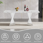 70" Faux Marble White Silver Dining Table for 6, Modern Dining Room Table with 0.71" Marble Printing MDF Top and Flash-Shaped Stainless Steel Base,Rectangular Large Kitchen Dinner Table