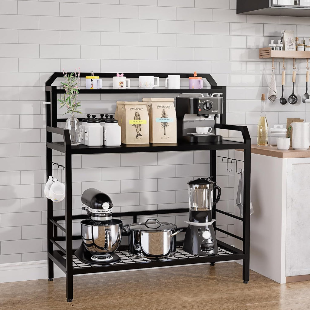 Outdoor Metal Potting Bench Table with Storage,3-Tier Heavy Duty Garden Workbench,All-Weather Gardening Table with 4 Side Hooks,18" D x 39" W x 32" - 47" H,Black