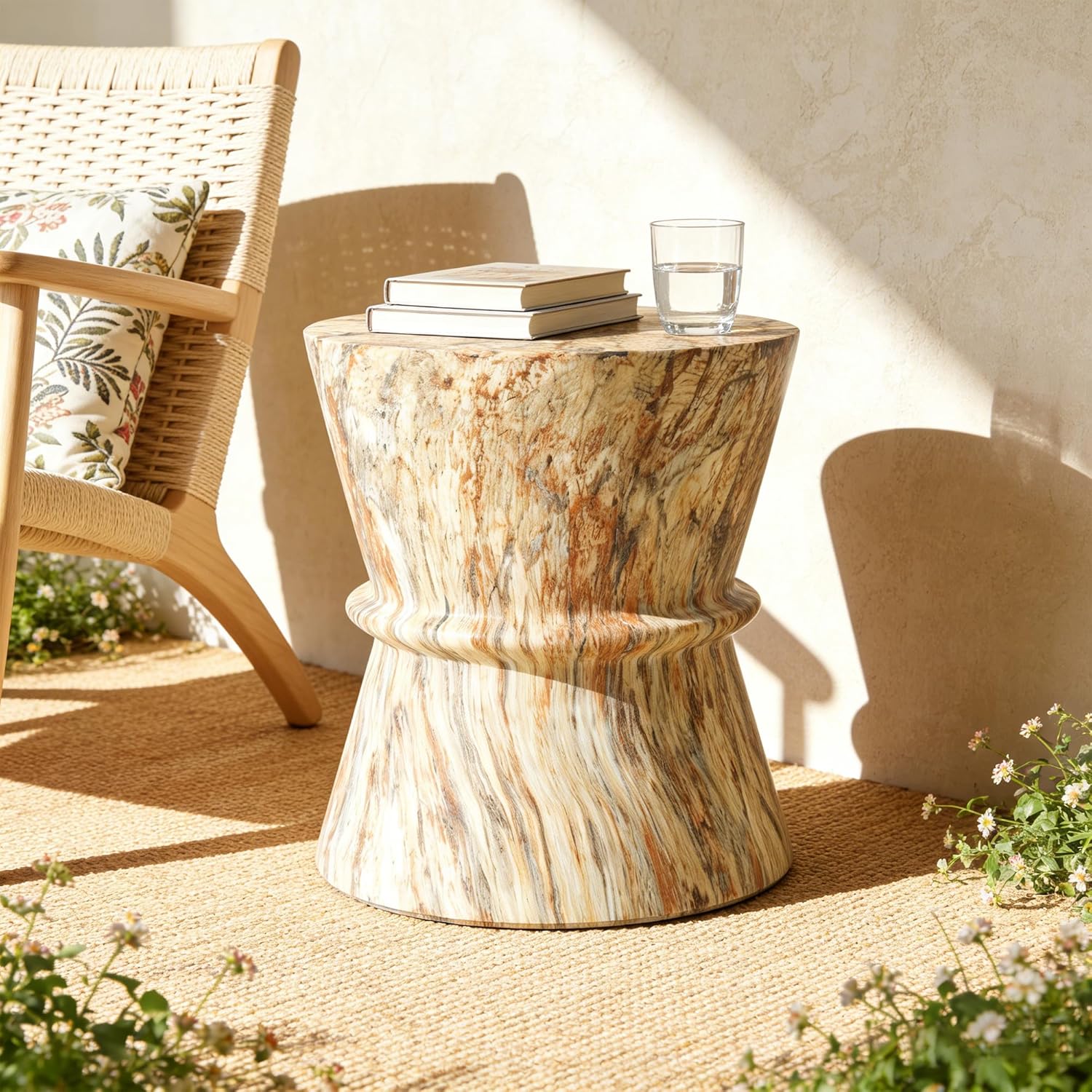 15.55" Hourglass Shape Side Table,Concrete Contemporary Lightweight Accent Table with Simulated Stone Texture,End Table for Living Room,Garden,Outdoor,Indoor,Amber
