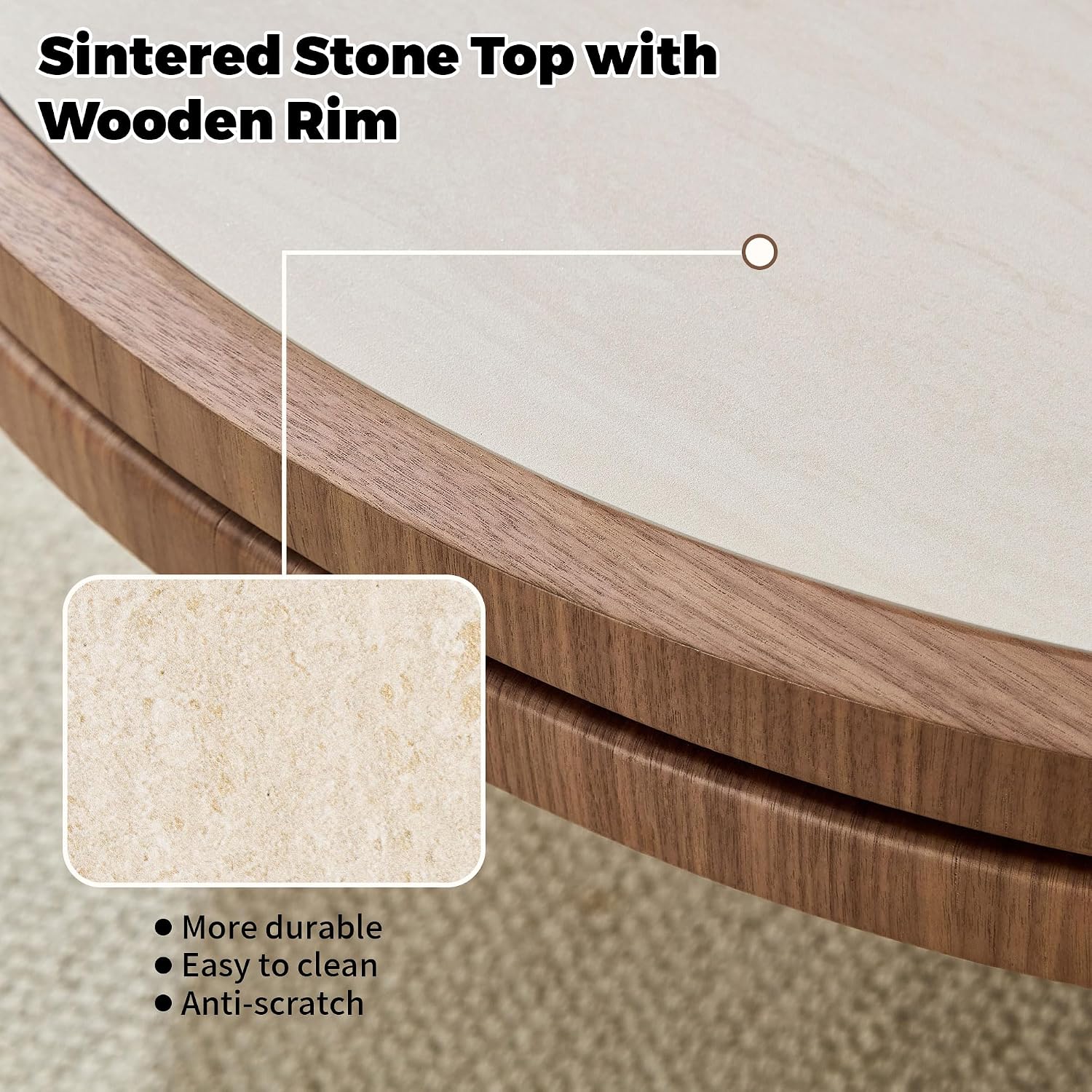 LKTART 19.49 Inch Round End Table with Sintered Stone Top, Mid-Century Modern Wood Table with MDF Pedestal, Small End Tables for Living Room Bedroom Apartment, Easy Assembly, Natural
