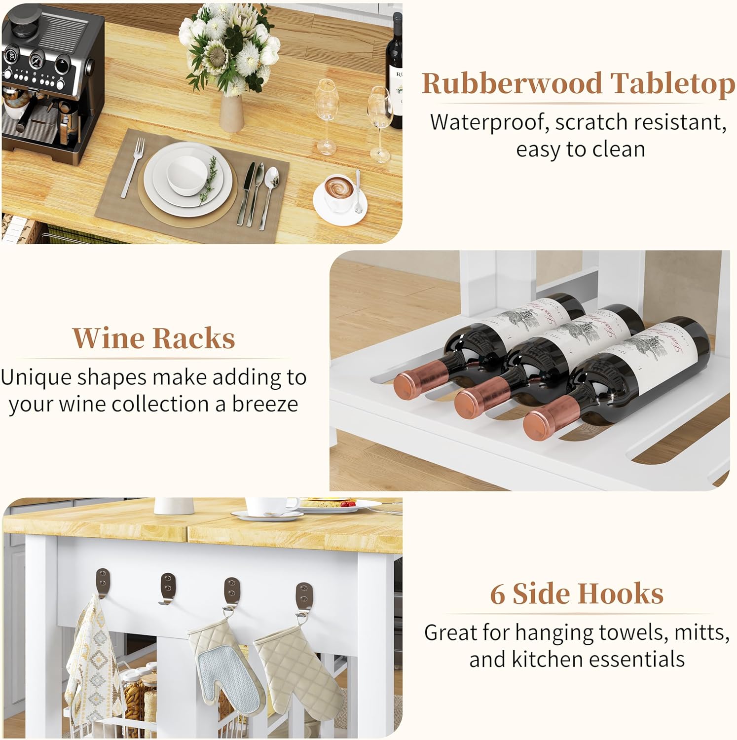 DynJest 60" Solid Rubberwood Kitchen Island with Power Outlets - Extra Large Work Surface, 3 Drawers & 2 Open Shelves Storage Cabinet for Kitchen Dining Room, Farmhouse Style (White)